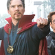 Benedict Cumberbatch as Dr. Strange stands in a hero pose next to Robert Downey Jr.'s Tony Stark in Avengers: Infinity War